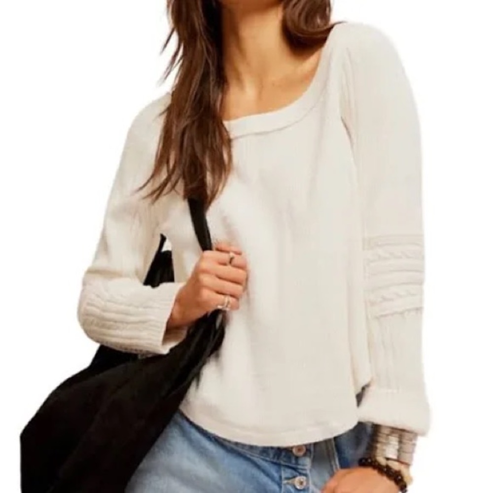 Free People Cream Knit Long Sleeve Top